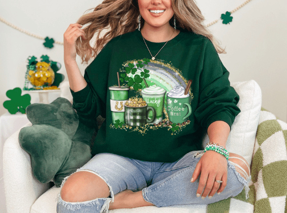 St. Patrick Day Rainbow Glitter Coffee Cup Crewneck! - Creations by Stephanie