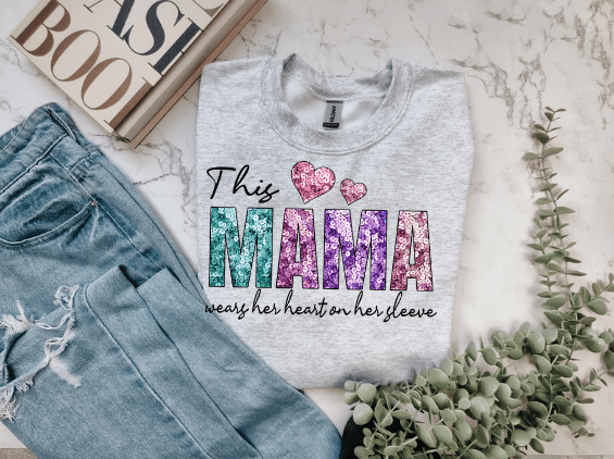 Valentines Day "This mama wears her heart on her sleeve" Crewneck. - Creations by Stephanie