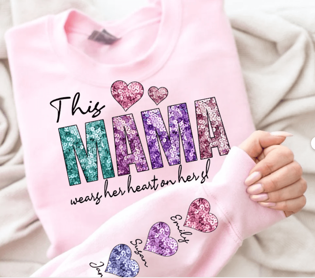 Valentines Day "This mama wears her heart on her sleeve" Crewneck. - Creations by Stephanie