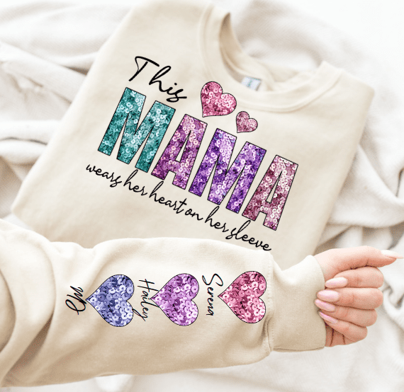 Valentines Day "This mama wears her heart on her sleeve" Crewneck. - Creations by Stephanie