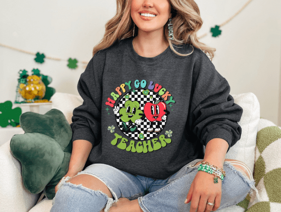 Retro Happy Go Lucky Teacher Crewneck - Creations by Stephanie