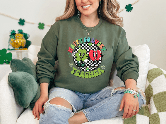 Retro Happy Go Lucky Teacher Crewneck - Creations by Stephanie