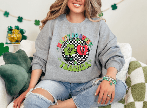 Retro Happy Go Lucky Teacher Crewneck - Creations by Stephanie